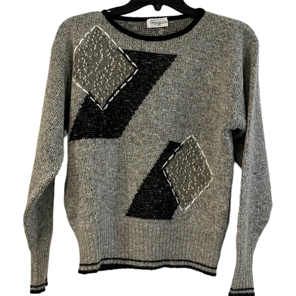VINTAGE ROGICA LONG SLEEVE WOOL BLEND SWEATER GRAY BLACK WHITE SIZE MEDIUM
